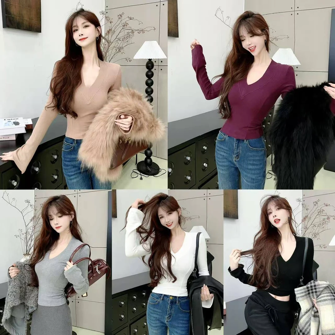 《纯欲撩人》设计感V领显瘦双面磨毛针织衫（衣长51）（#8371）