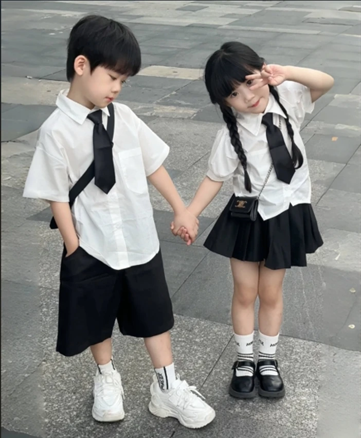 男女童学院风儿童节夏季新款兄妹小学生洋气时尚中大童兄妹衬衫