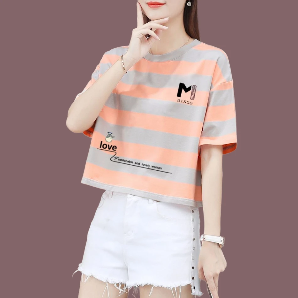 2024夏新款时尚休闲宽松条纹印花短袖减龄显瘦T恤女韩系百搭上衣