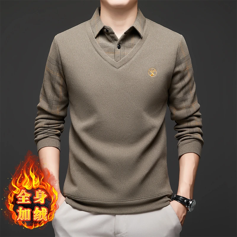 【含羊毛】【含桑蚕丝】冬季新款男士假两件POLO衫加绒加厚保暖打底衫