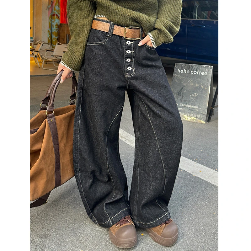 蜡笔小Y 美式复古多纽扣工装休闲弯刀裤慵懒设计感宽松阔腿牛仔裤