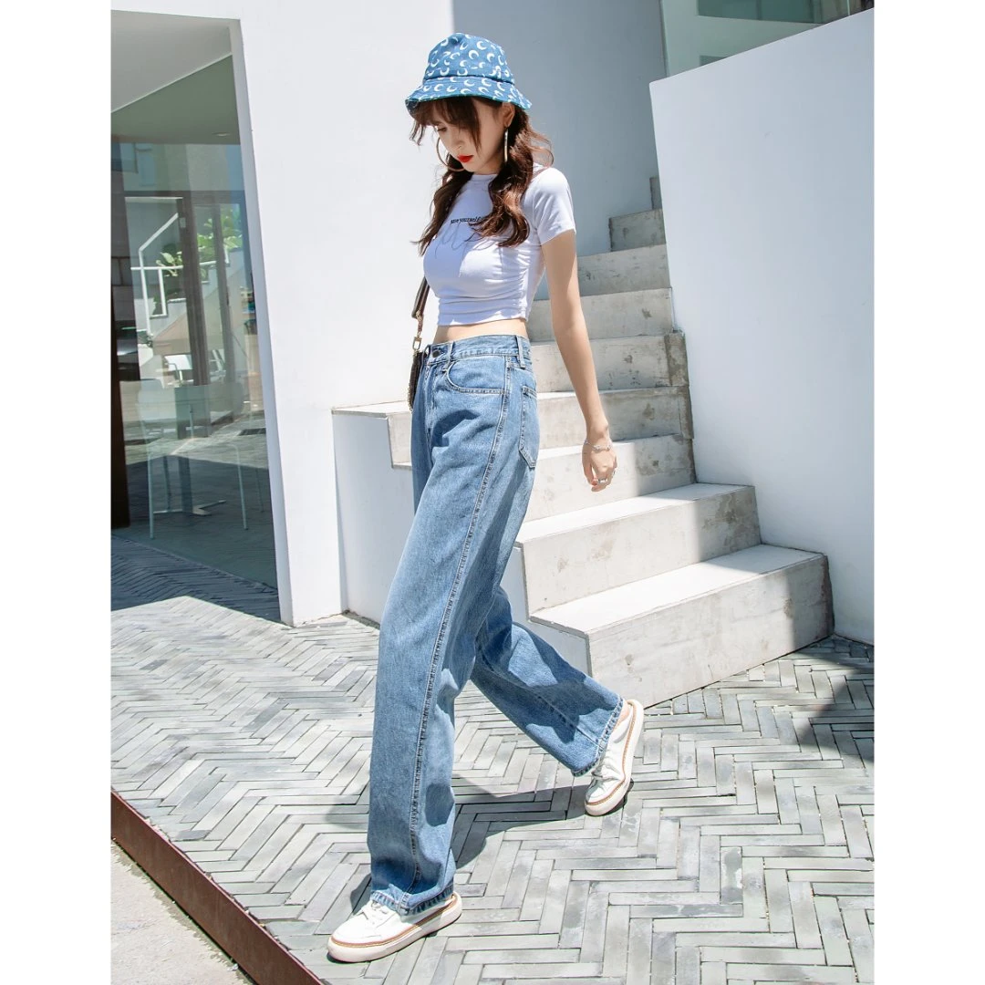 阔腿牛仔裤女2024秋冬新款修身显瘦高腰直筒宽松垂感拖地老爹浅色