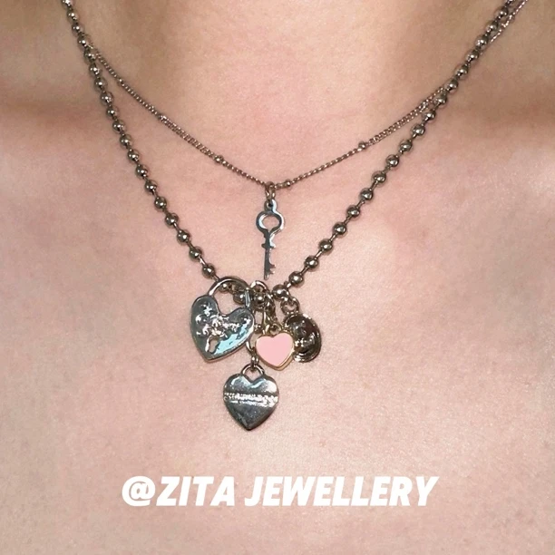 合金项链 【浪漫主义】两件套～爱心锁钥匙多吊坠项链设计感锁骨链