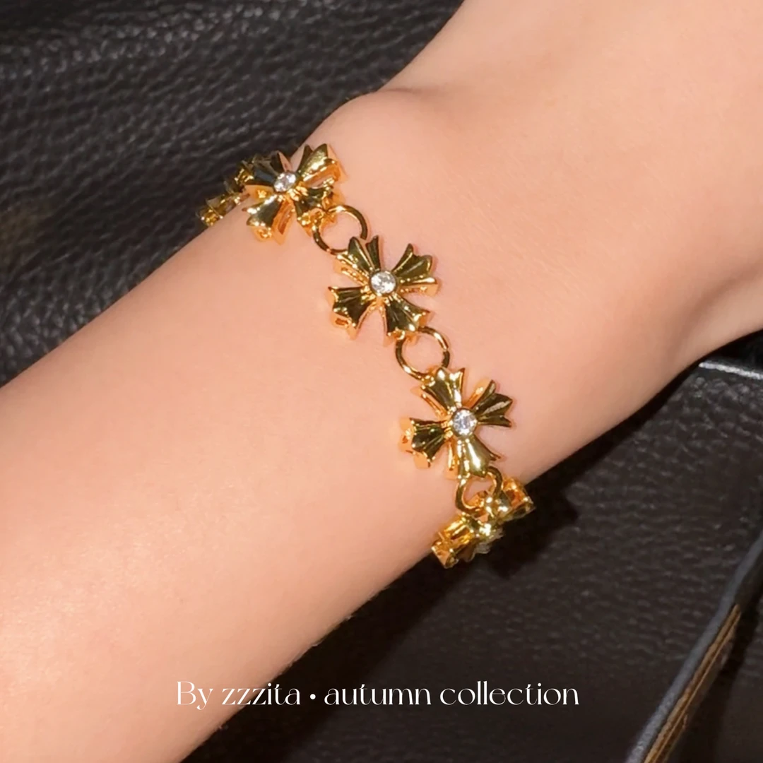 黄铜合成锆石手链 精雕十花～重工金色闪钻十字架手链复古小众百搭