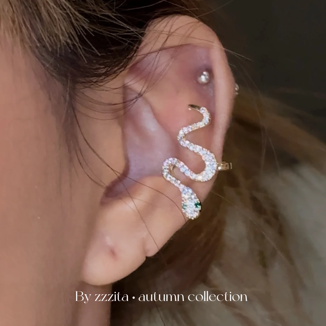合金合成锆石耳饰 无耳洞耳夹～闪钻设计感小蛇耳骨夹