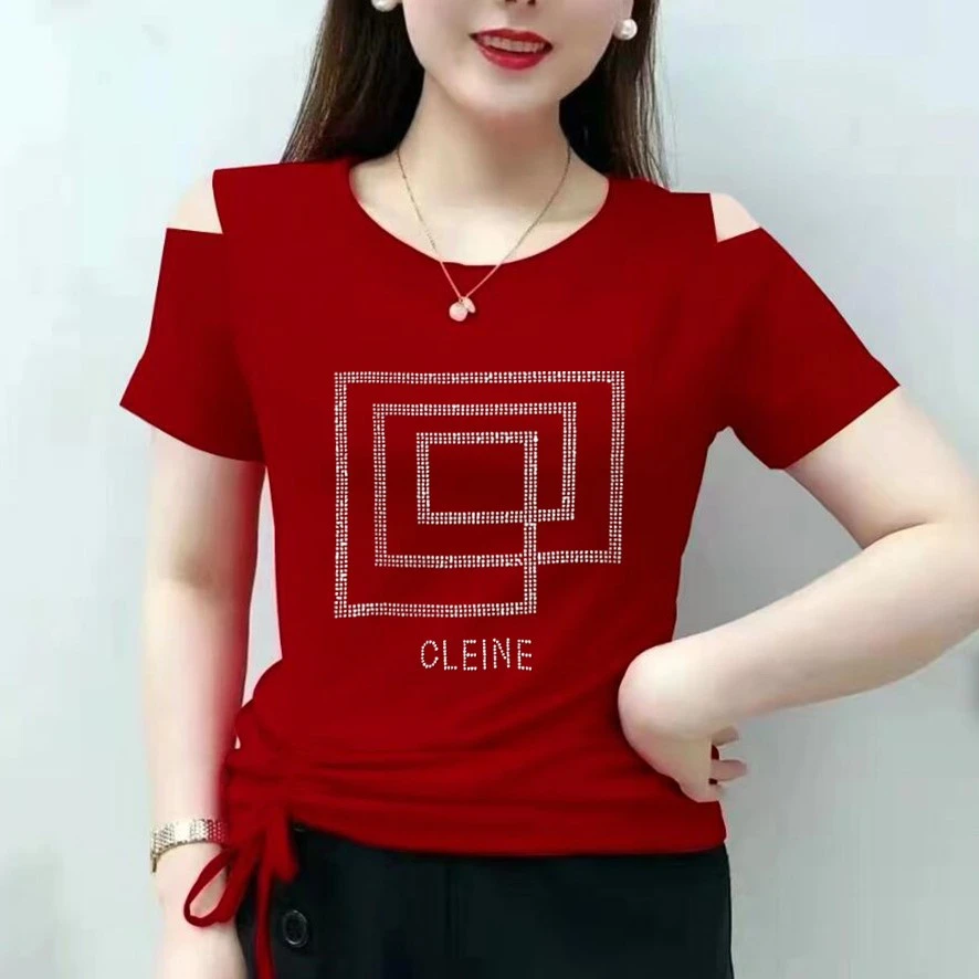 2025夏装新款短袖t恤女亮晶晶露肩绑带修身上衣时尚百搭印花体恤