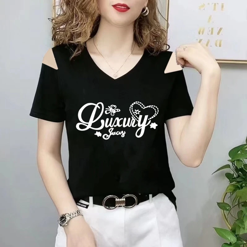 新款正肩短袖t恤女V领洋气显瘦时尚上档次时髦高贵女装体恤上衣