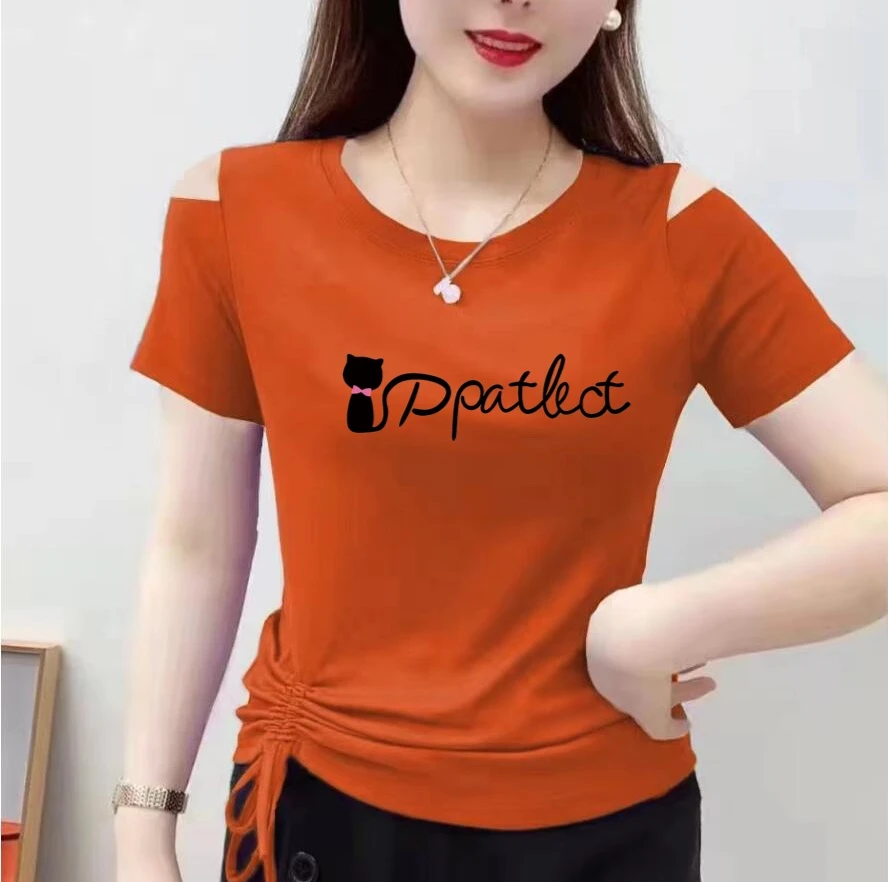 2025春百搭圆领短袖t恤女装大码绑带洋气体恤打底衫正肩上衣