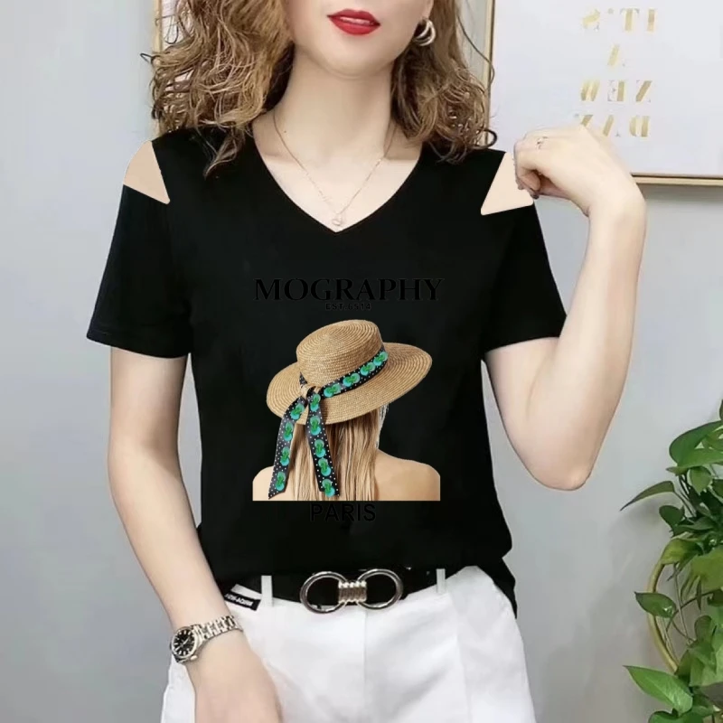 时尚新款短袖t恤女士女式V领露肩短夏季半袖洋气黑色女装印花体恤
