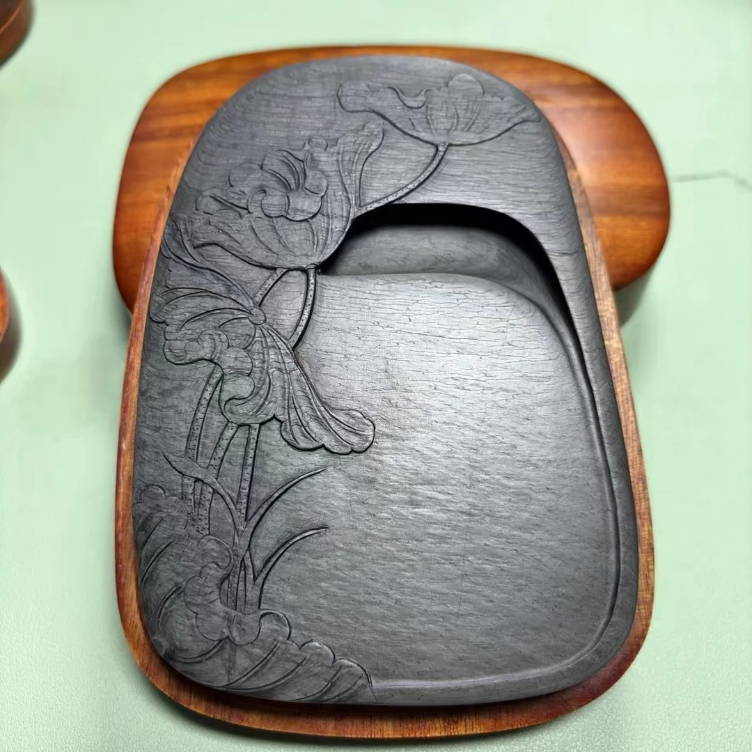 安徽歙砚天然原石砚台水波荷趣小楷砚台文房四宝13.5×9.6×2.5