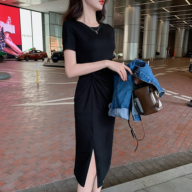 女装新款2025年新款休闲显瘦中长款扭腰开叉大码气质连衣裙夏季