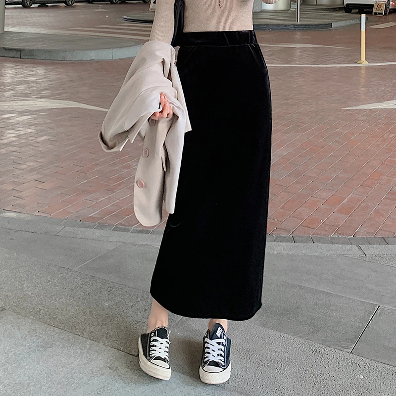 气质金丝绒半身裙黑色高腰包臀半裙新款百搭显瘦开叉中长款裙