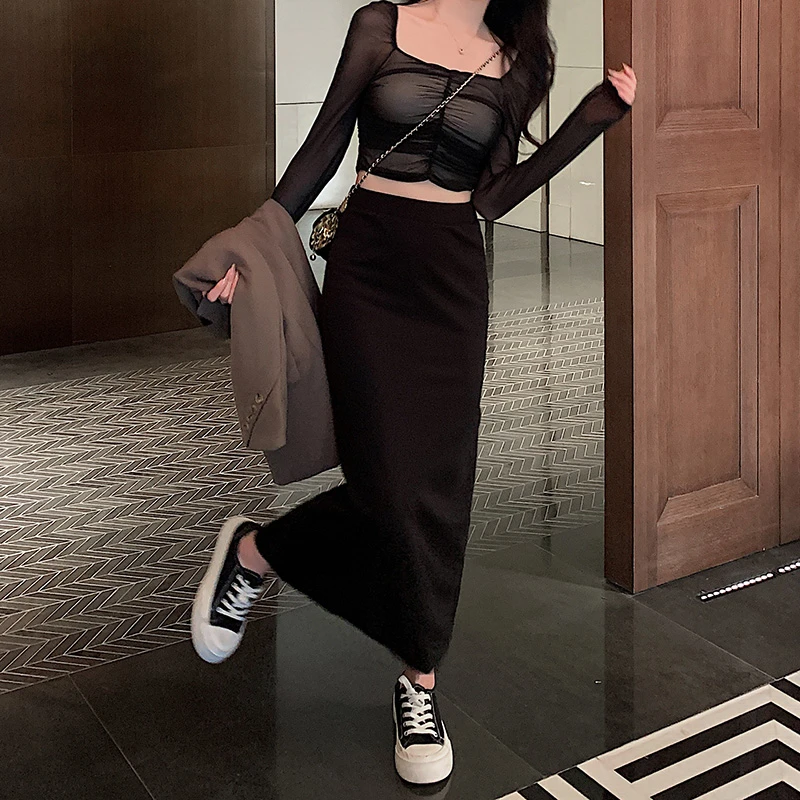 直筒半身裙女2025新款黑色高腰包臀裙后开叉复古半裙中长款一步裙