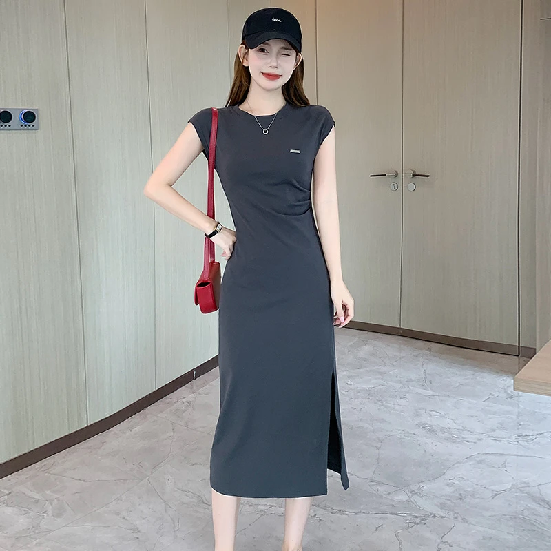 后妈裙2025新款爆款洋气韩版修身显瘦开叉长款小黑裙子夏天连衣裙