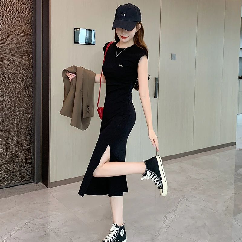 老钱风松弛感女装韩版时尚气质休闲显瘦长款开叉连衣裙洋气衣服女