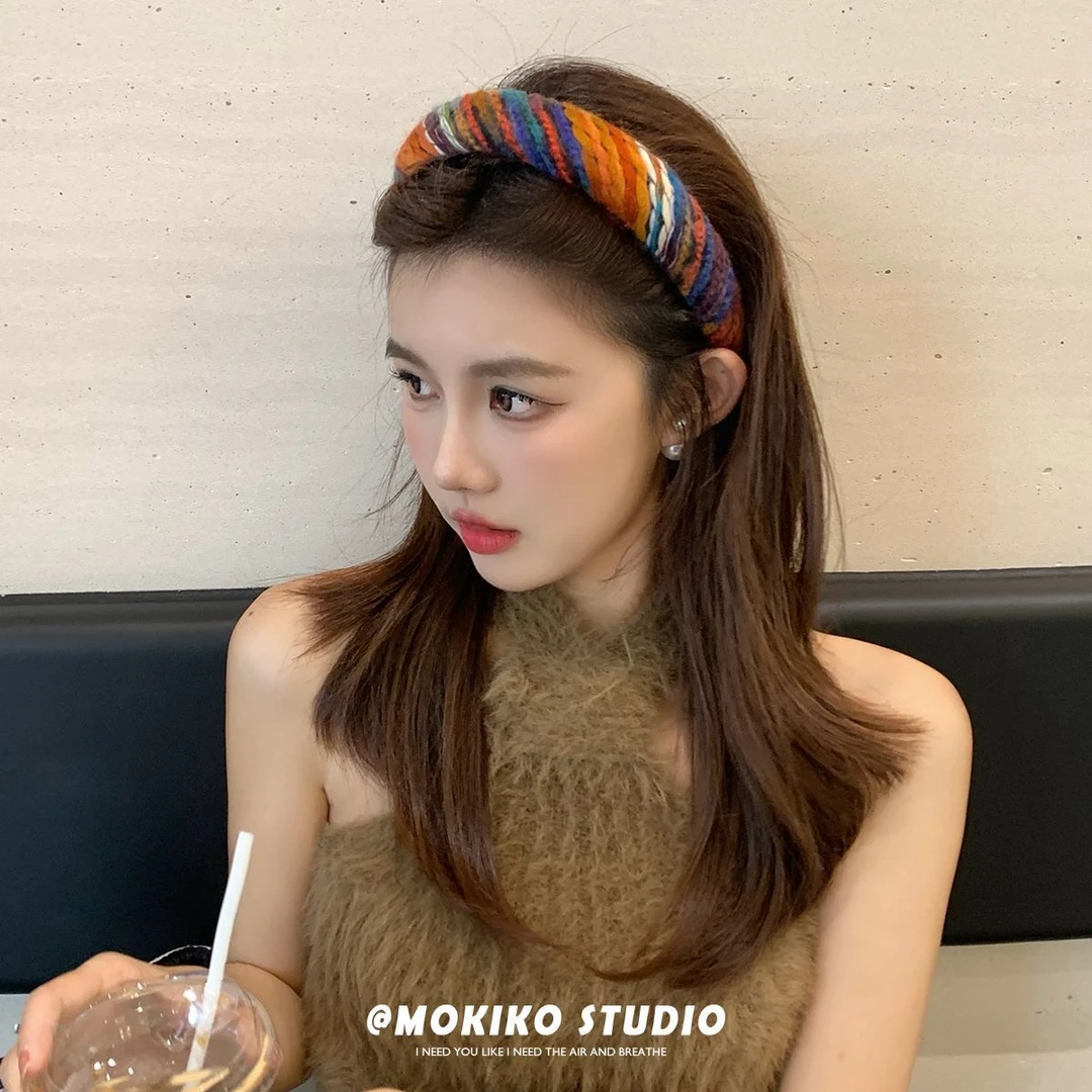 2023韩版秋冬彩色编织发箍ins复古高颅顶气质混彩毛线针织头箍女