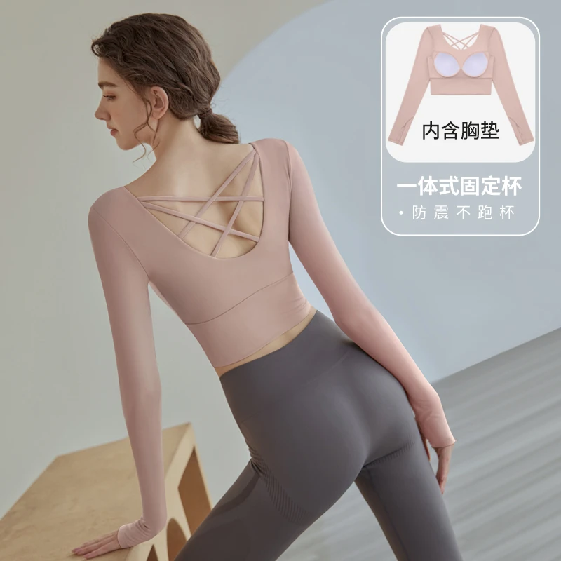 瑜伽长袖女瑜伽服秋季款健身衣带胸垫运动上衣t恤服跑步性感普拉