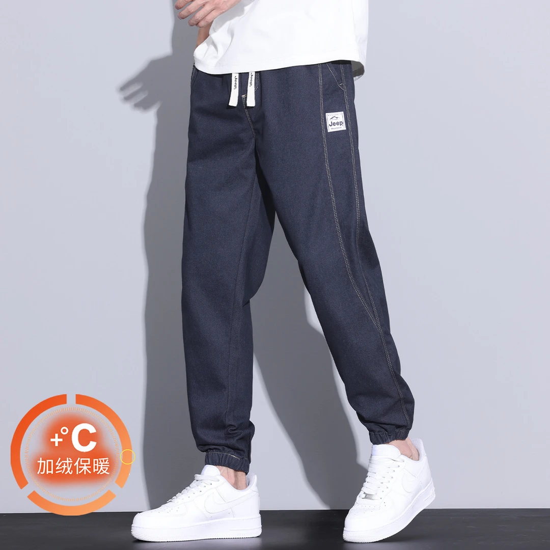 JEEP吉普美式工装牛仔裤男士秋冬款2024新款宽松加厚加绒束脚裤子