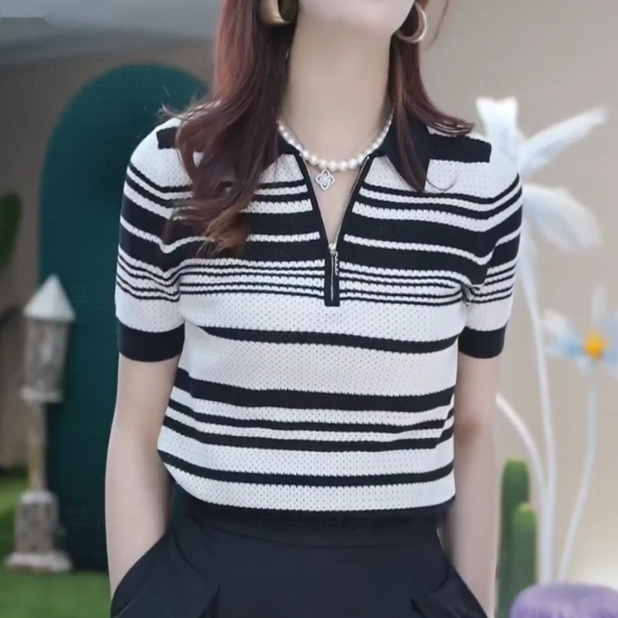 【100%莱赛尔天丝】2024夏季新款学院风撞色条纹POLO领针织衫女