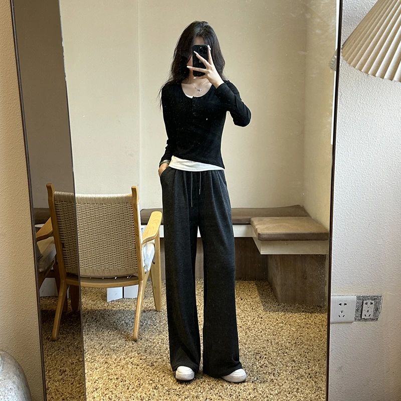 【心雨定制】秋冬舒适软糯显瘦百搭阔腿裤女休闲直筒裤糯米裤 21066