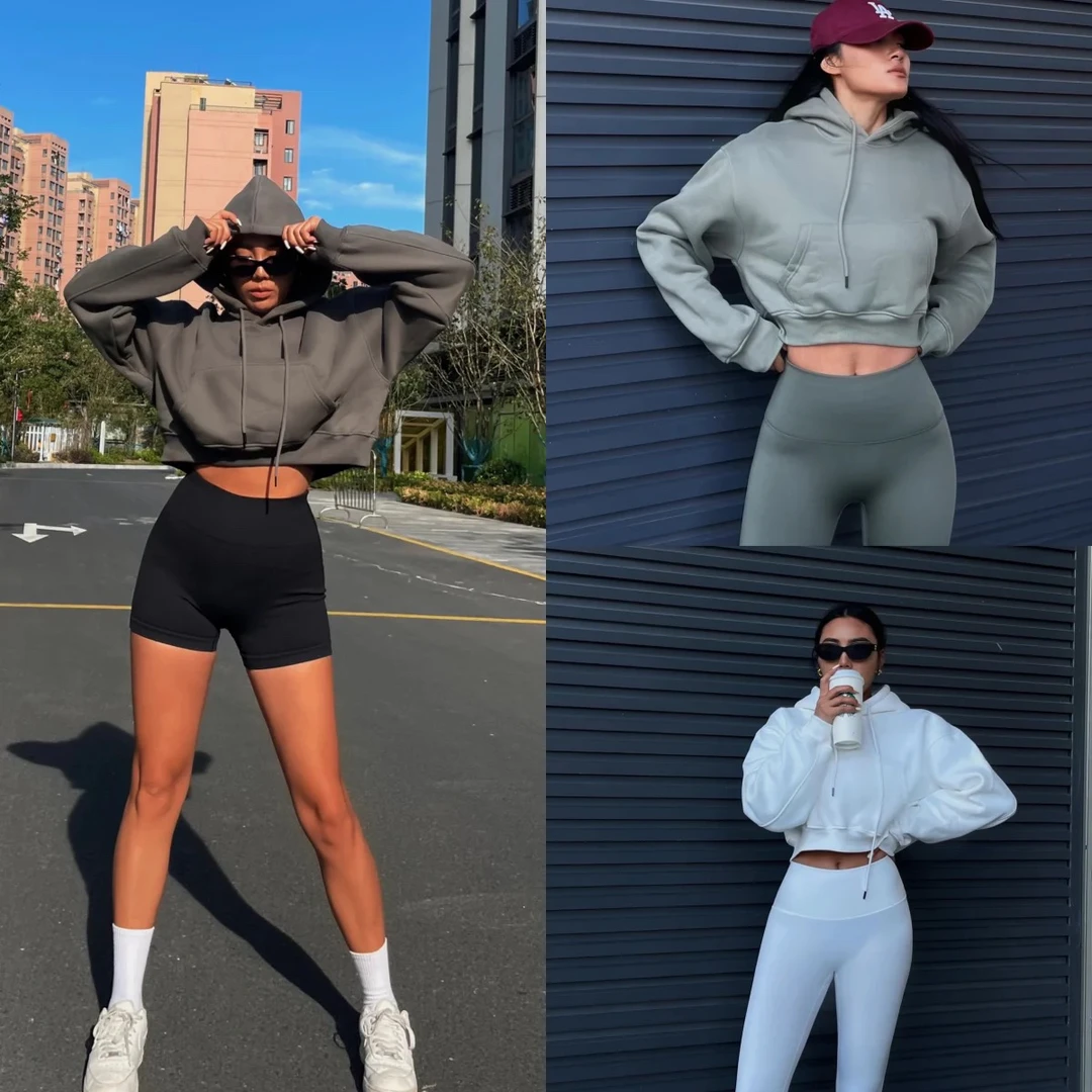 akiyostudio欧美修身卫衣休闲长袖秋冬美式短款健身服装女套装