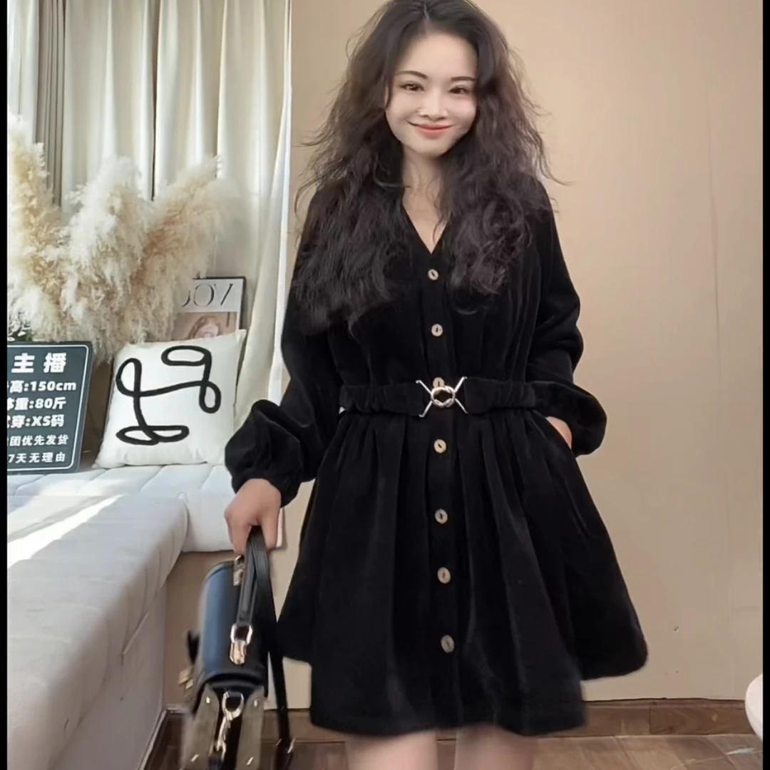 柚兮原创小众设计~高级感黑色连衣裙单排扣开衫外套短裙