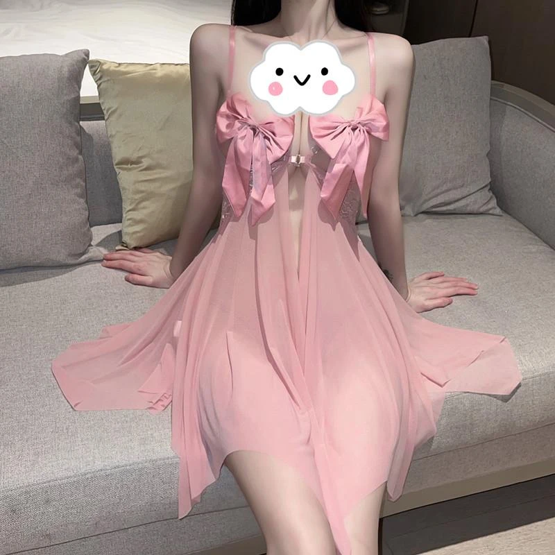 性感唯美法式蝴蝶结性感成人睡衣可调节薄纱吊带蕾丝女吊带睡裙