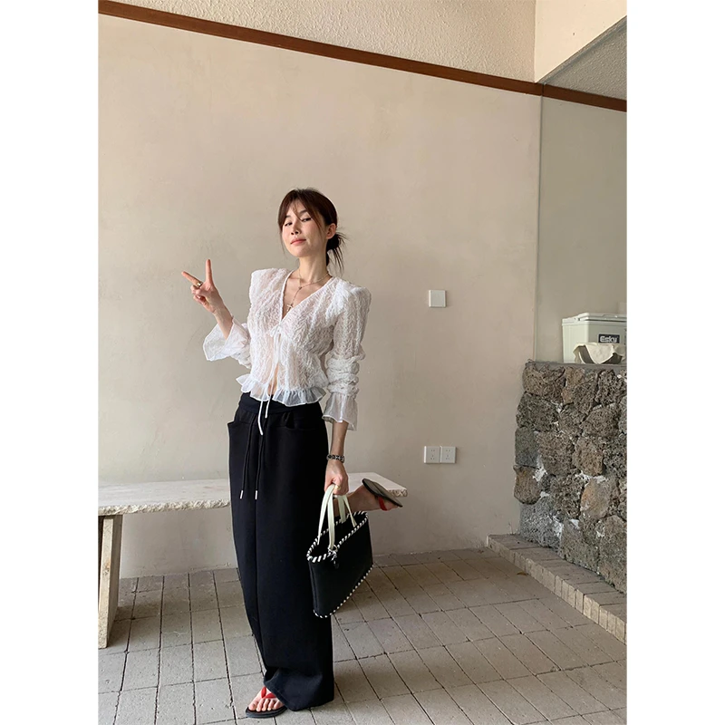 2025春季新款甜美气质绑带设计感显瘦白色上衣女时尚高腰小众长裙