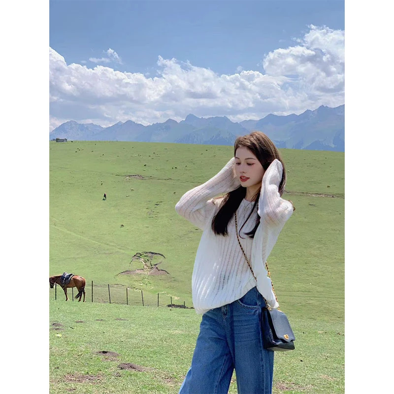2025夏季新款纯欲风简约时尚休闲长袖针织上衣直筒宽松水洗牛仔裤