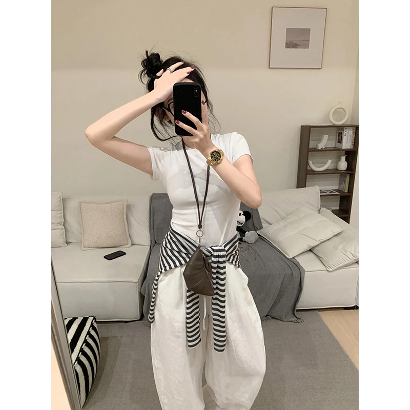 简约休闲大气时尚白色百搭T恤上衣女2025夏日高腰宽松垂感阔腿裤