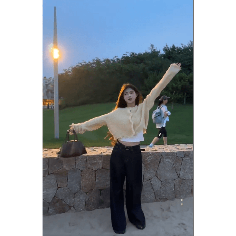 高级设计感修身显瘦薄款长袖针织开衫上衣秋季高腰直筒垂感阔腿裤