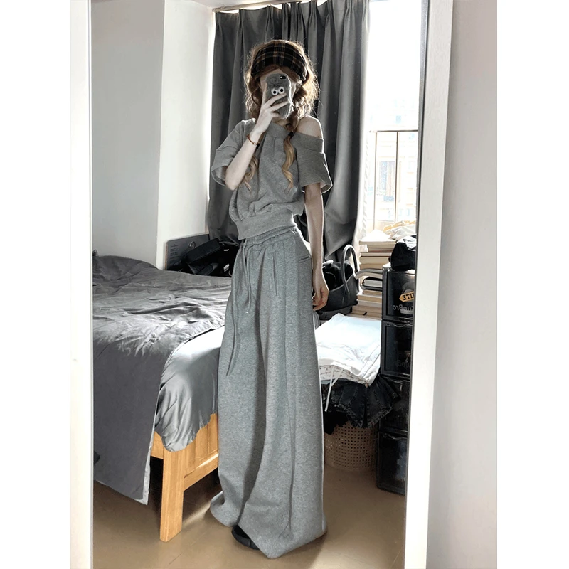 2025夏季新款设计感一字肩灰色短袖T恤上衣高腰直筒休闲垂感长裤