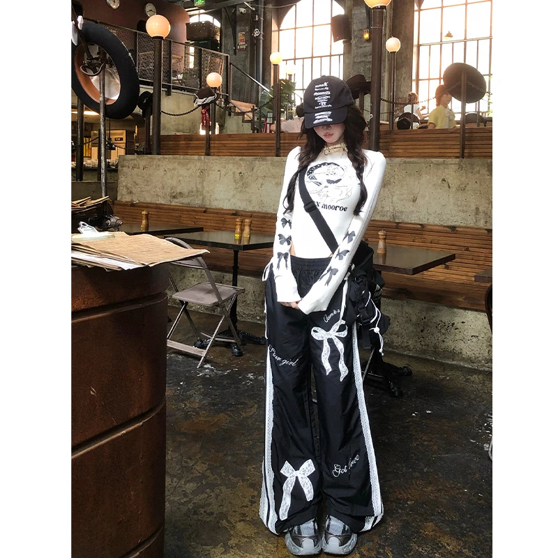 2025秋季高级设计感轻熟风修身显瘦长袖T恤上衣高腰直筒垂感长裤