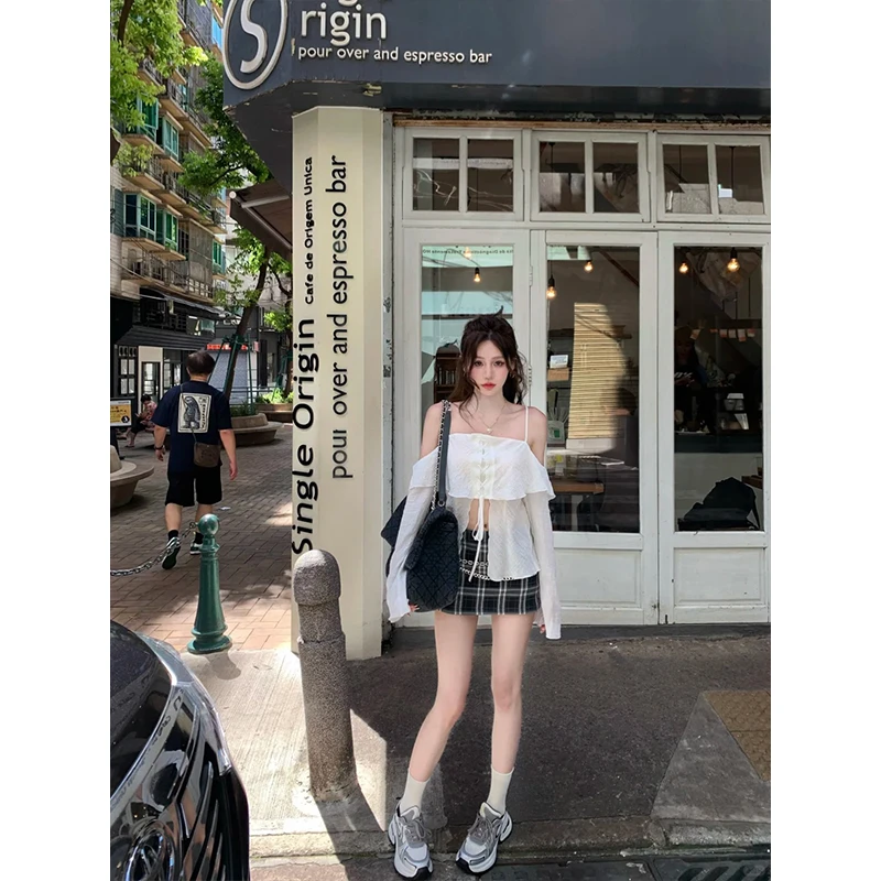 2025夏季新款时尚辣妹白色宽松背心吊带上衣超好看格子百搭半身裙