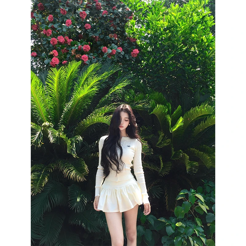 2025秋季新款时尚纯欲风修身显瘦针织圆领开衫上衣性感高腰半身裙