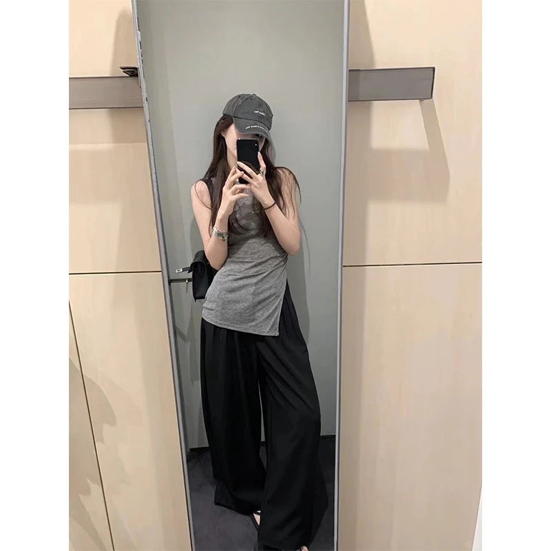 2025夏日简约时尚无袖开叉背心上衣女高腰休闲宽松小众松弛感长裤