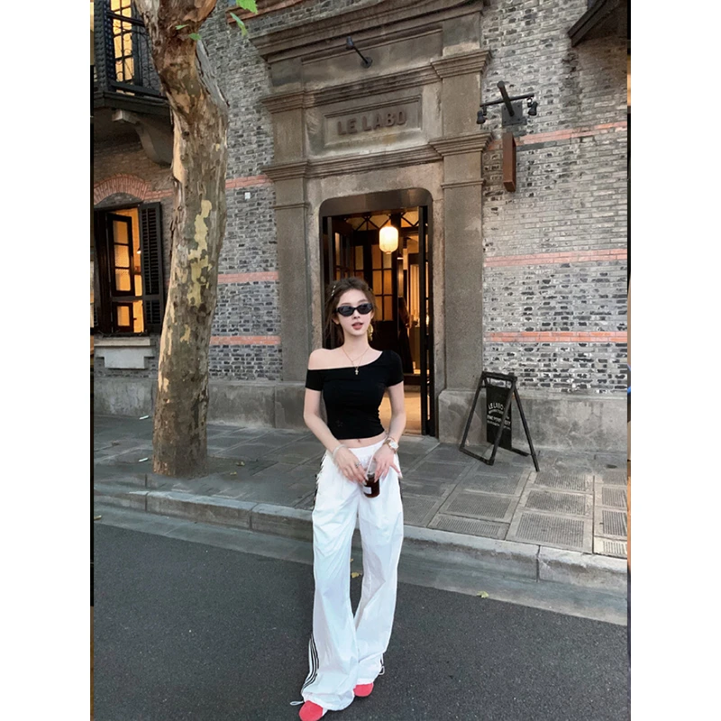 2025夏季新款百搭黑色修身显瘦T恤上衣女高腰直筒休闲宽松阔腿裤