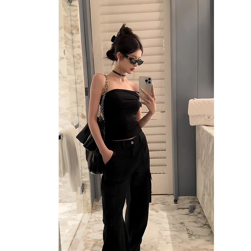 辣妹黑色高级感气质抹胸背心女2025夏季新款时尚小众高腰阔腿裤