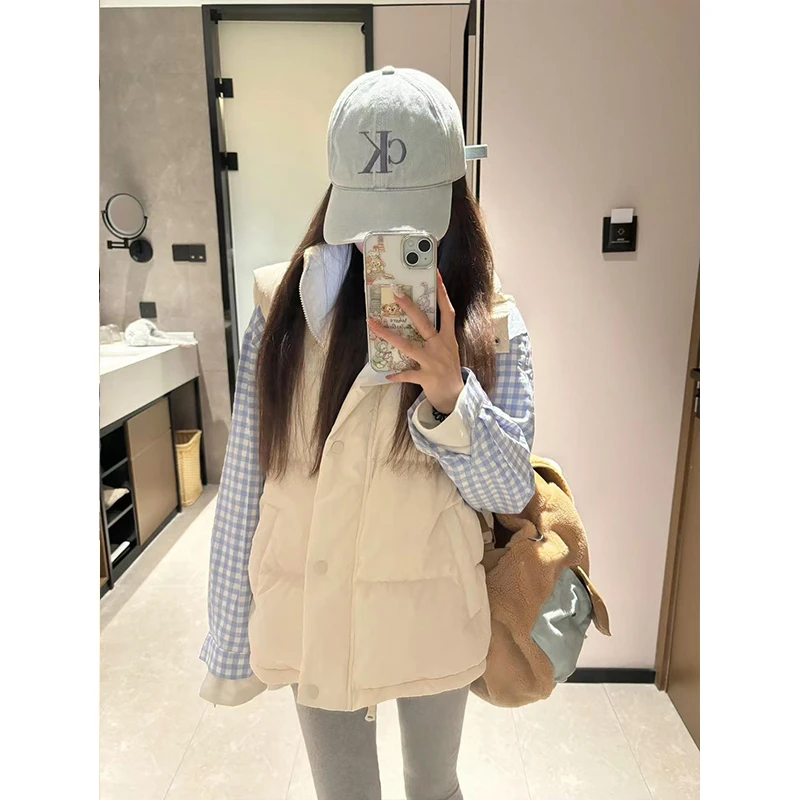 2025秋季新款时尚简约保暖马甲外套叠穿蓝色格子衬衫高腰显瘦长裤