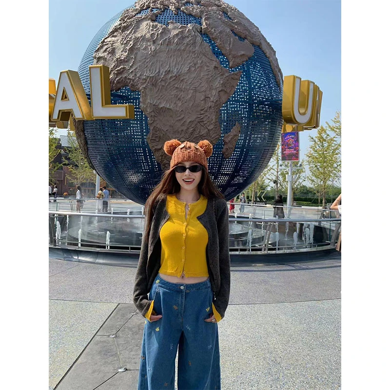 秋季新款盐系甜美风时尚假两件设计感针织开衫高腰直筒宽松牛仔裤