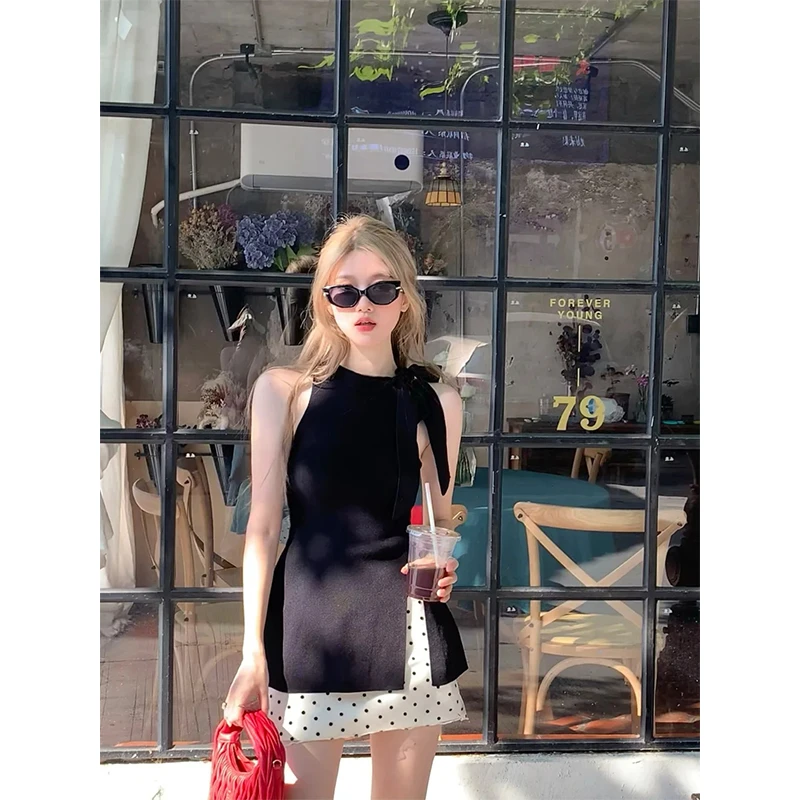 2025夏季新款辣妹性感挂脖背心法式设计感小众上衣A字波点半身裙