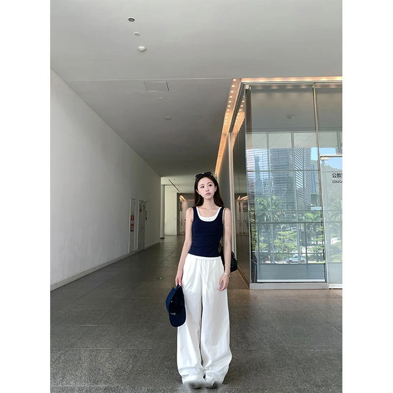 夏季设计感假两件吊带背心女撞色短款无袖U领上衣高腰休闲阔腿裤