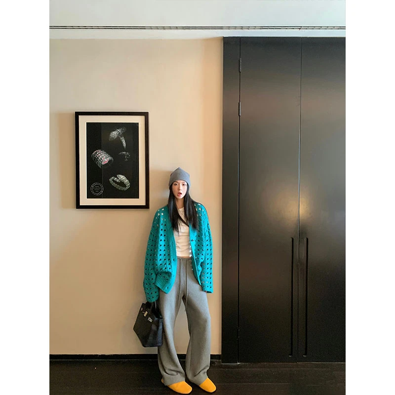 2025秋季高级设计感透气镂空长袖针织开衫上衣高腰垂感休闲长裤女