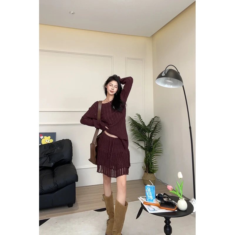 2025秋季新款慵懒风穿搭一整套微透长袖针织上衣宽松显瘦休闲短裙