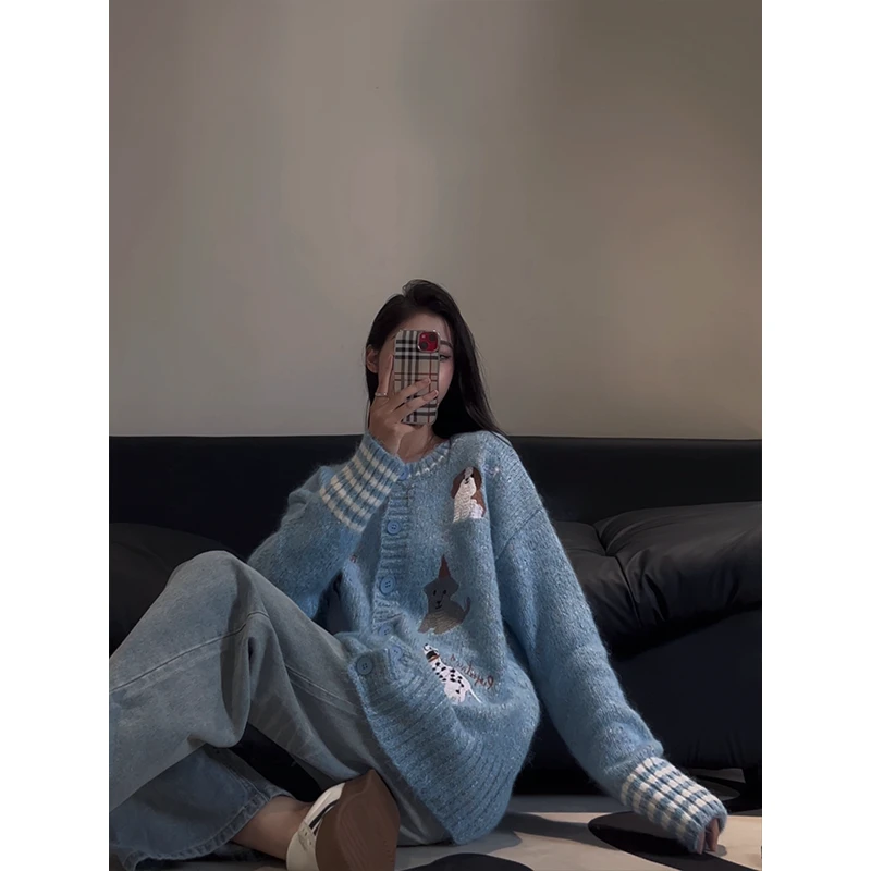2025秋季新款甜酷小狗刺绣针织开衫外套慵懒风复古毛衣高腰牛仔裤
