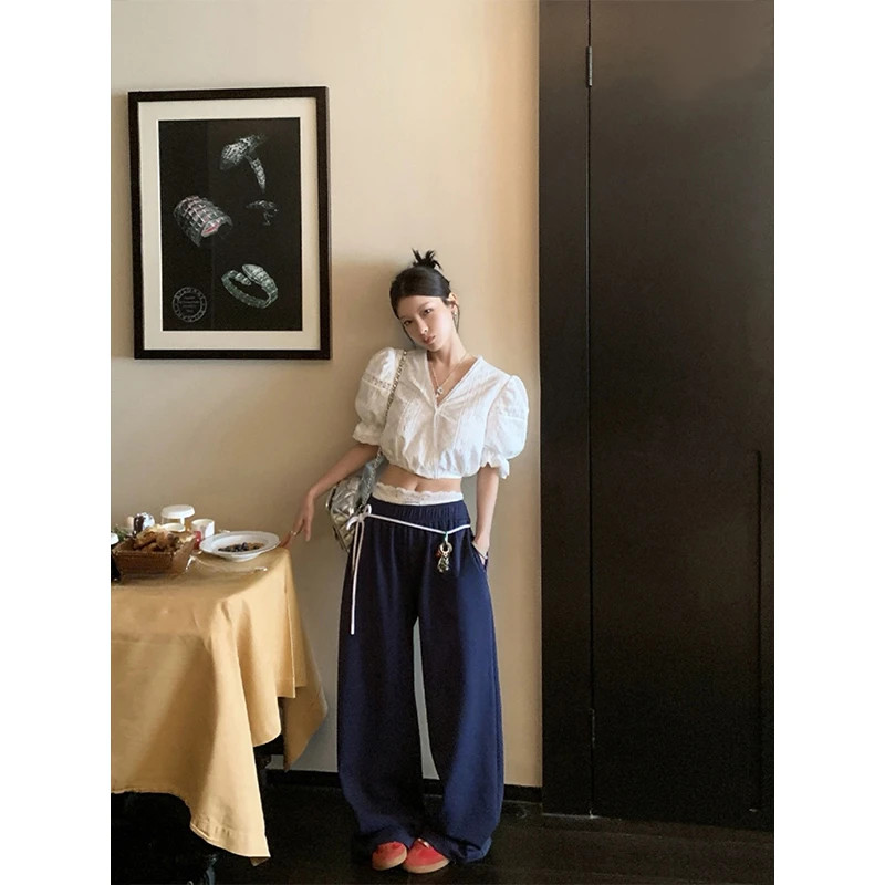 【Jennie穿搭】 2025夏季法式短袖衬衫宽松刺绣辣妹上衣高腰休闲裤