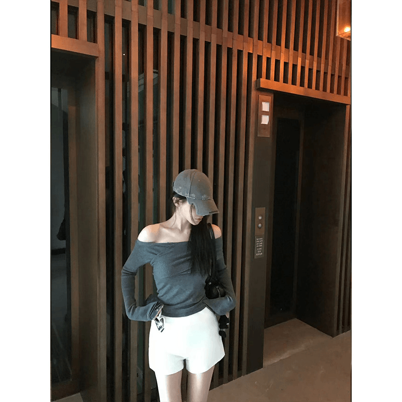 轻熟风性感辣妹一字领薄款长袖T恤上衣2024夏季高腰休闲直筒短裤