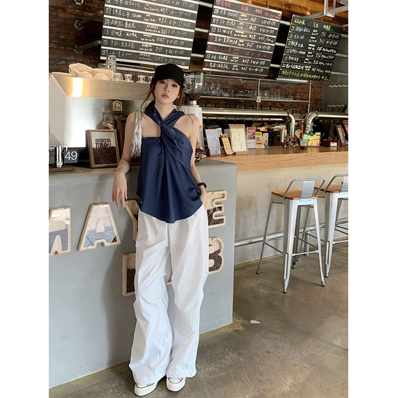 辣妹高级感气质显瘦扭结设计感背心女2025夏季新款时尚高腰阔腿裤