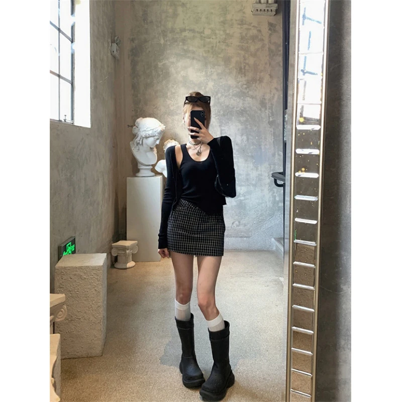 薄款防晒透气百搭黑色开衫性感辣妹吊带背心高腰格子包臀半身裙女