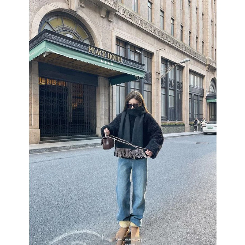 春季新款韩系气质百搭保暖羊羔毛绒休闲卫衣高腰显瘦直筒牛仔裤女